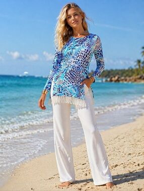 Lilly Pulitzer Blue Tang Gang Ramona Fringe Sweater